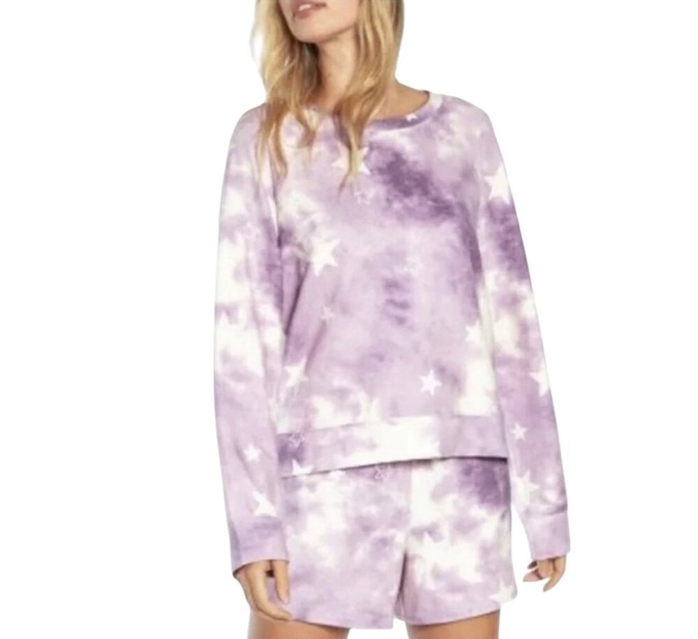 Wildfox Tie Dye Stars Sweatshirt Shorts Set Purple Matching Lounge Set Small NWT